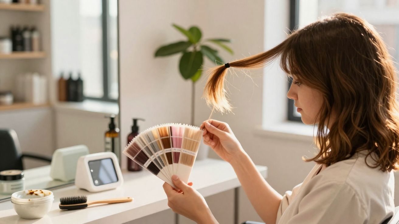 Vrouw vergelijkt haar haar met een kleurwaaier in een salon om de juiste haarkleuring te kiezen.
