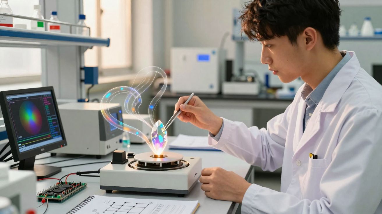 Jonge wetenschapper in labjas onderzoekt fluorescerend kristal met pincet in een laboratoriumomgeving.