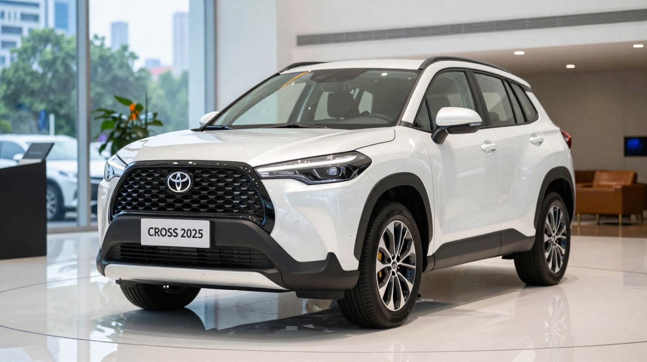 Witte Toyota Cross 2025 SUV in showroom met moderne interieurachtergrond.