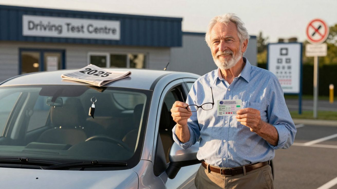 Oudere man toont rijbewijs naast auto bij Driving Test Centre met kalender 2025 op motorkap.