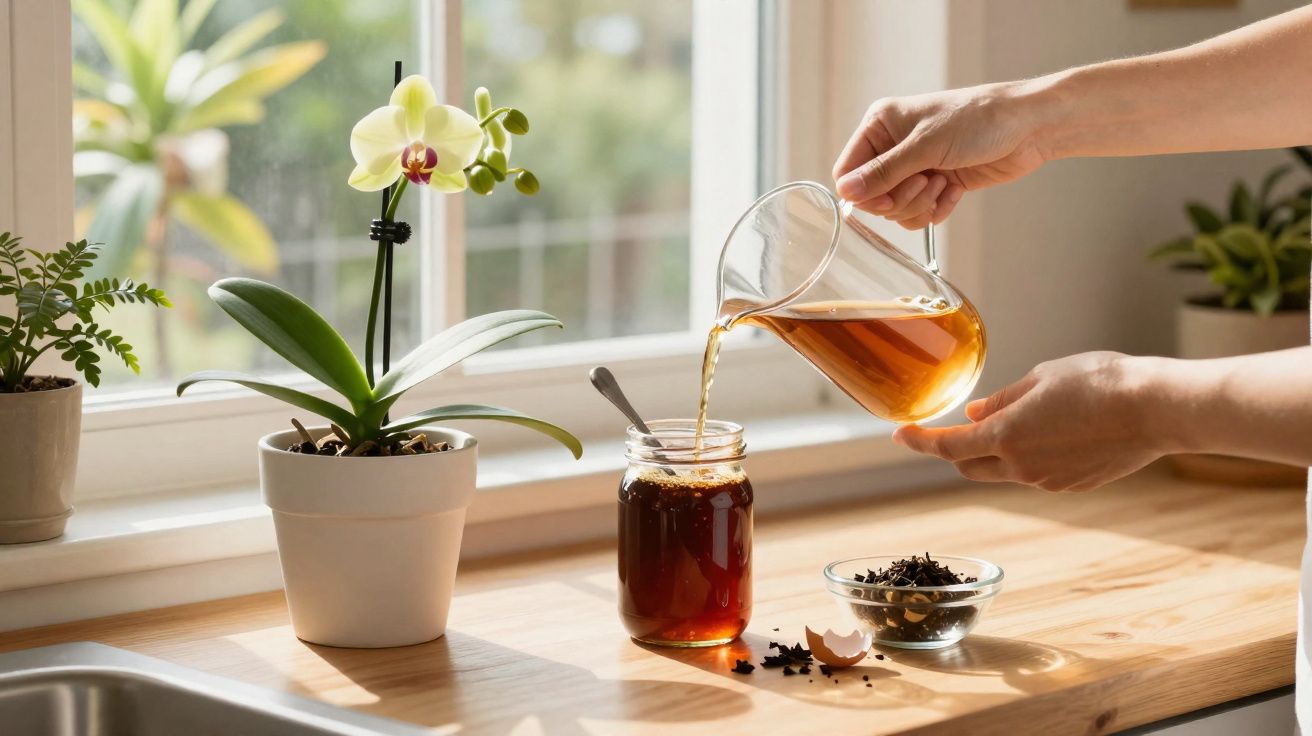 Hand giet thee uit glazen kan in pot tussen planten op houten vensterbank met zonlicht.