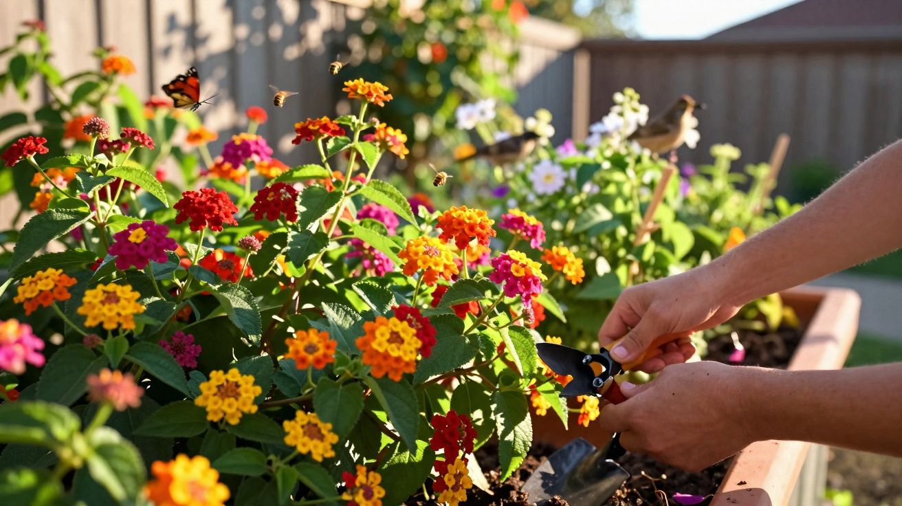 Iemand die in een tuin kleurrijke bloemen verzorgt terwijl vlinders en bijen rondvliegen.