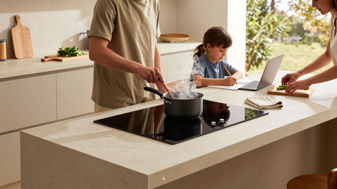 Gezin in moderne keuken, vader kookt, moeder snijdt groenten, kind maakt huiswerk aan keukentafel.