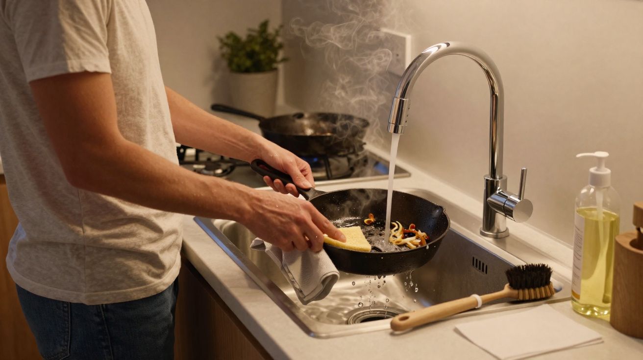 Persoon die hete koekenpan afspoelt onder stromend water in moderne keuken met stoom en afwasmiddel.
