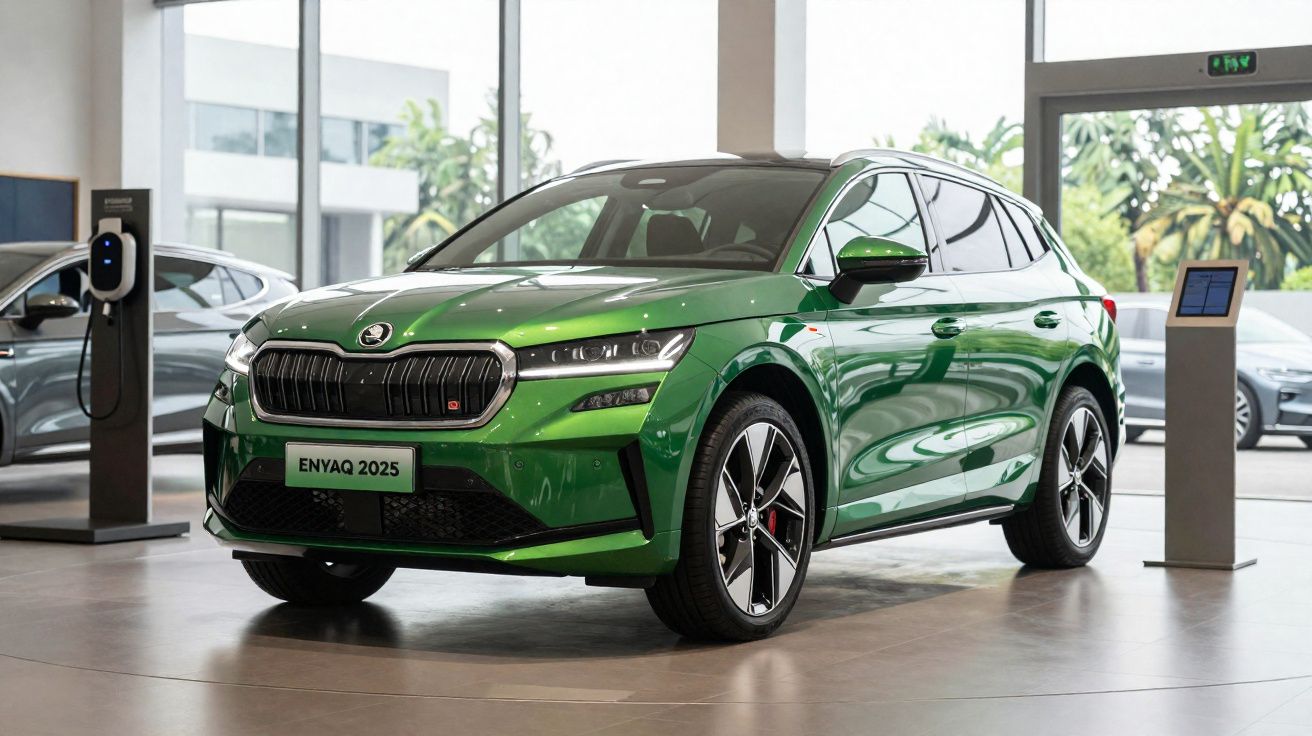 Groene Škoda Enyaq 2025 elektrische SUV in showroom met oplaadstation op achtergrond.