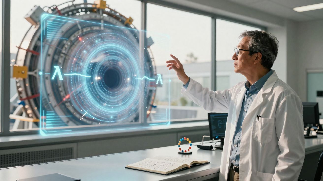 Wetenschapper in laboratorium bedient holografisch scherm met kwantummechanica symbolen en apparaat in achtergrond.