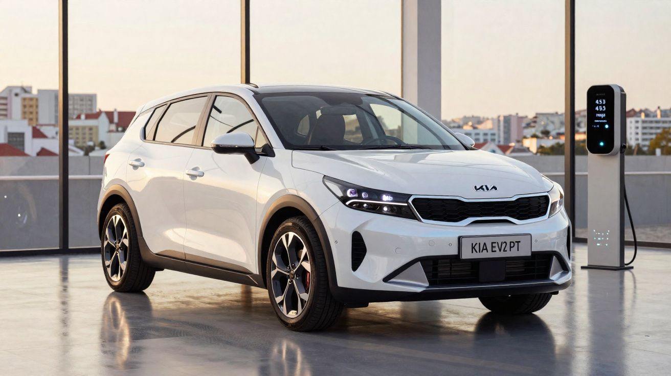 Witte Kia elektrische SUV geparkeerd bij een laadstation op een dakterras bij zonsondergang.