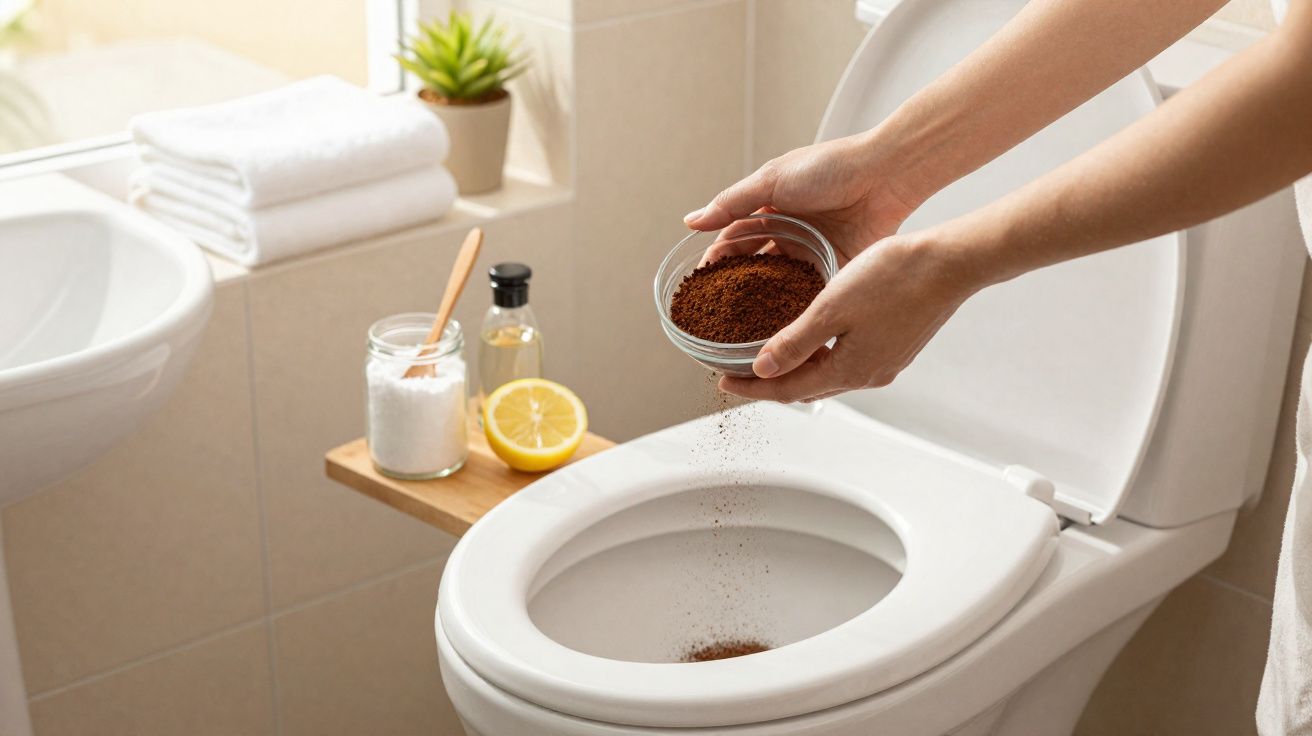 Iemand strooit koffiedik in een wc-pot als natuurlijk schoonmaakmiddel in een badkamer.
