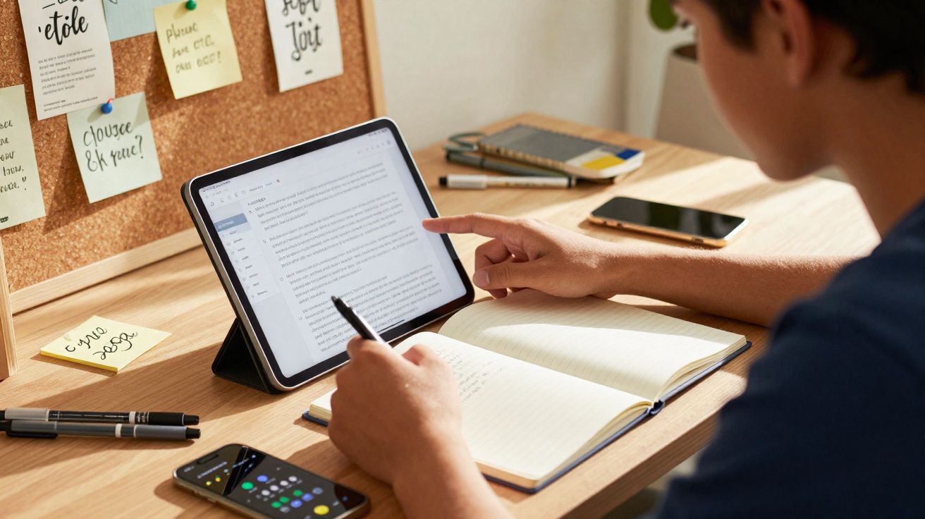 Persoon leest tekst op tablet en neemt notities in een open notitieboek op een bureau met telefoon en notities op prikbord.