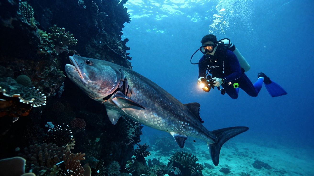 Scuba duiker fotografeert een grote vis in kleurrijk koraalrif onder water in helder blauw zee.