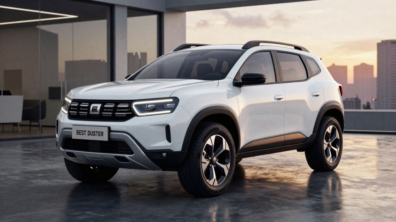 Witte SUV Dacia Best Duster geparkeerd op een moderne locatie bij zonsondergang.