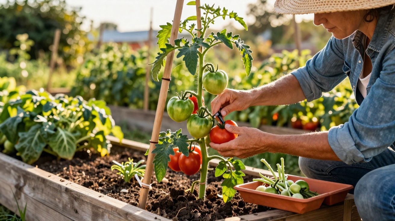 Persoon met hoed plukt rijpe tomaten in verhoogde moestuinbak bij zonnige dag.