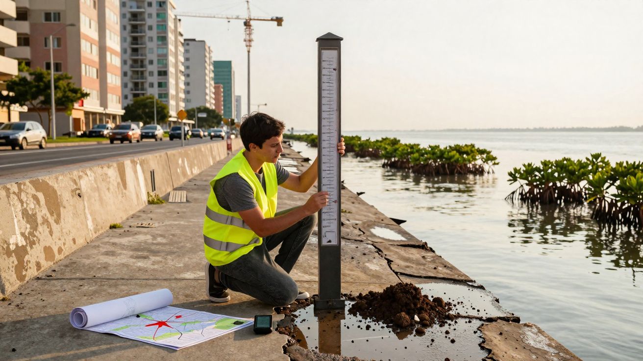 Man in veiligheidshesje meet waterstand bij verwoeste kustmuur met kaarten en smartphone naast zich.