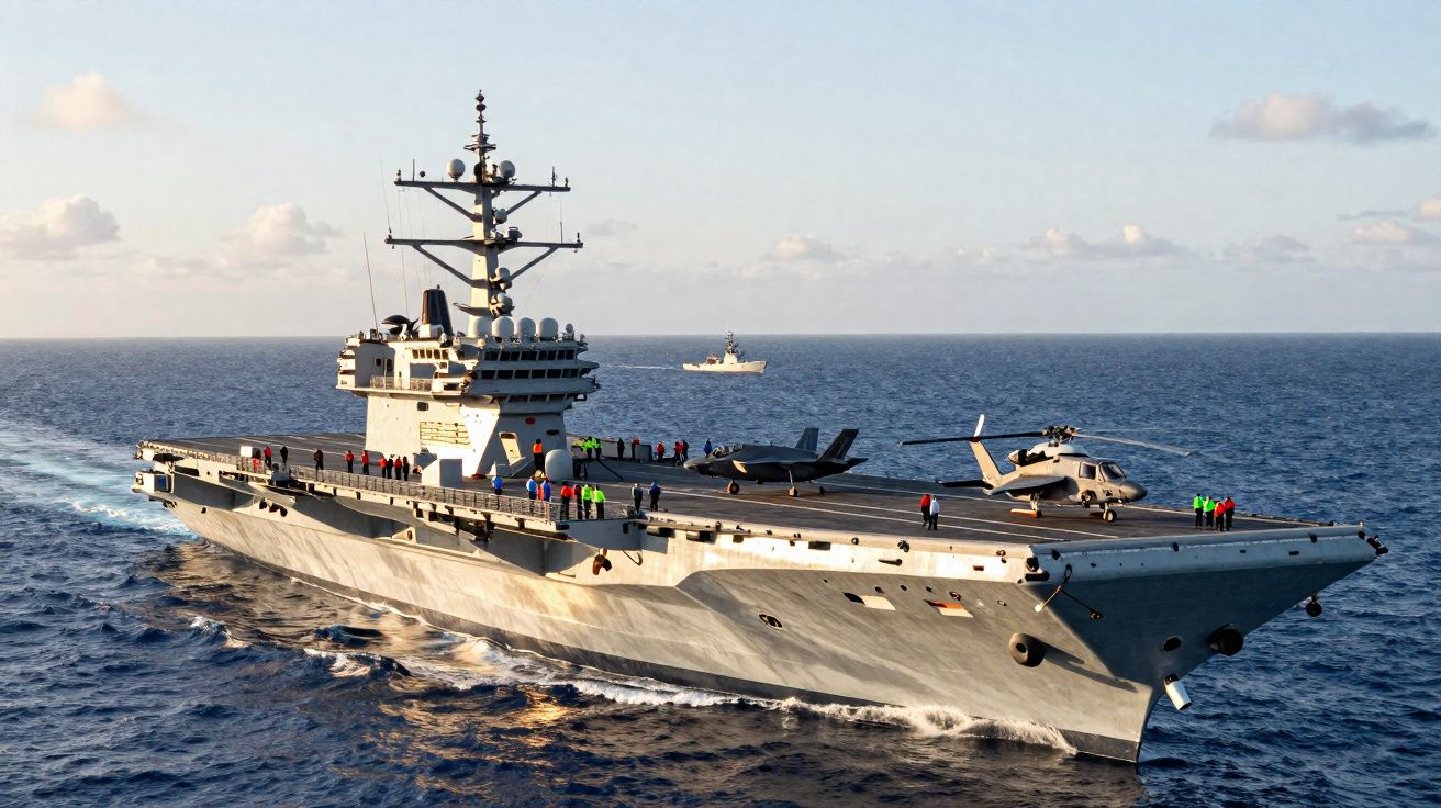Vliegdekschip met militair personeel, een gevechtsvliegtuig en een helikopter op zee onder een lichtbewolkte hemel.