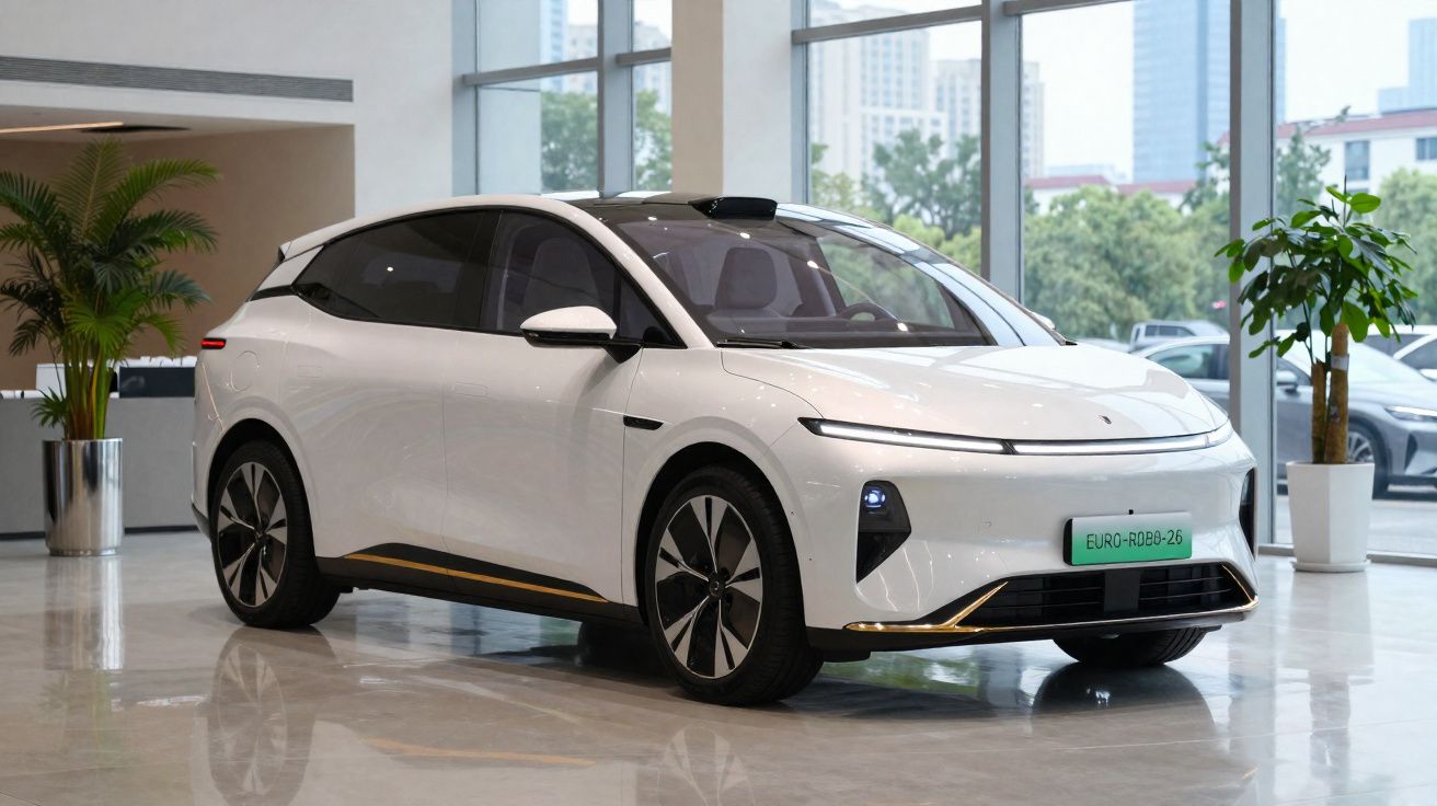 Witte elektrische SUV geparkeerd in moderne showroom met grote ramen en planten naast de auto.