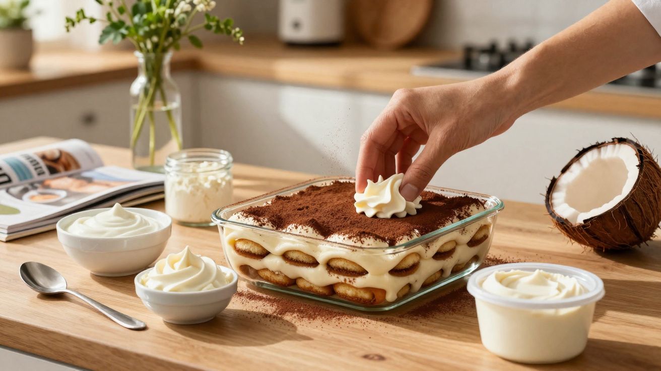 Hand die slagroom op een huisgemaakte tiramisu in een glazen ovenschaal legt op een houten tafel.
