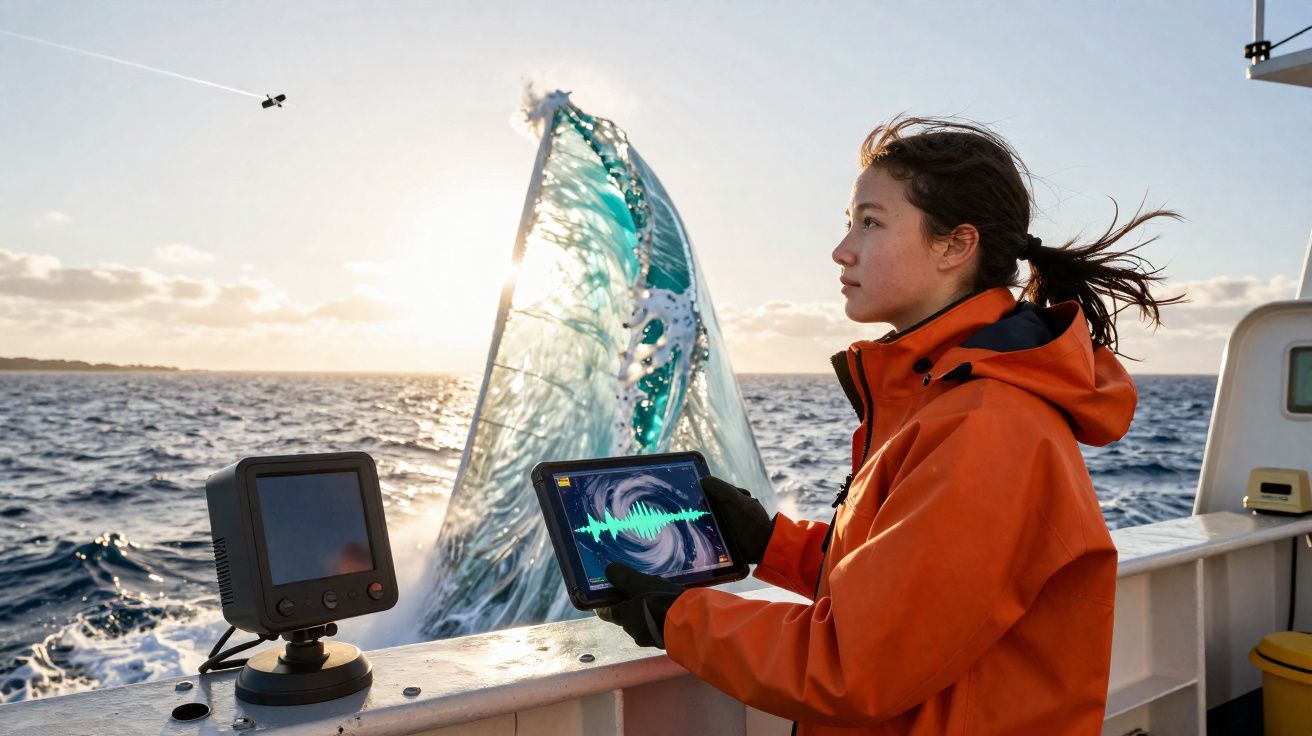 Vrouw in oranje jas bedient apparaat op boot, met vissersnet en oceaan op achtergrond bij zonsondergang.