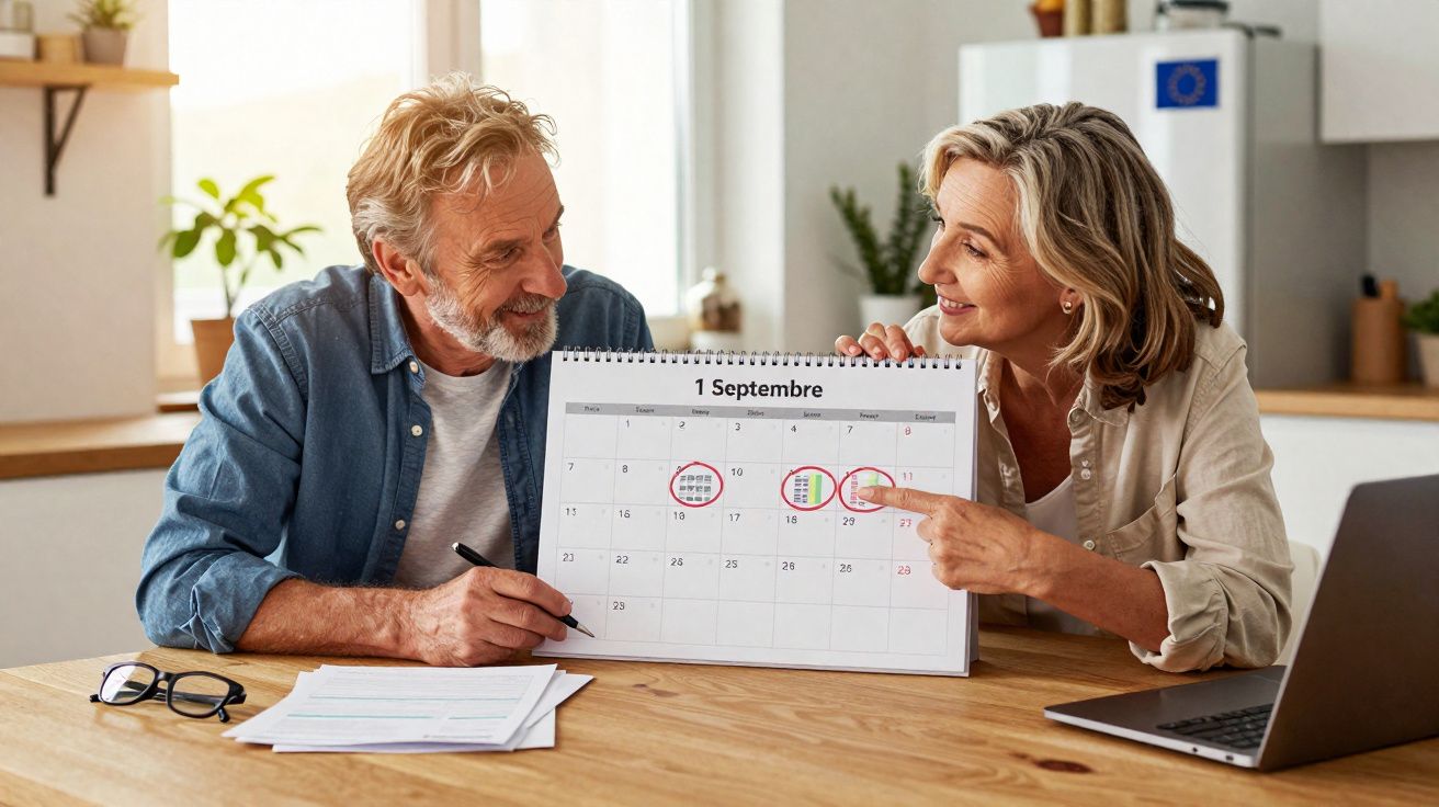 Ouder koppel bespreekt en markeert belangrijke data op een kalender in een lichte keukenomgeving.