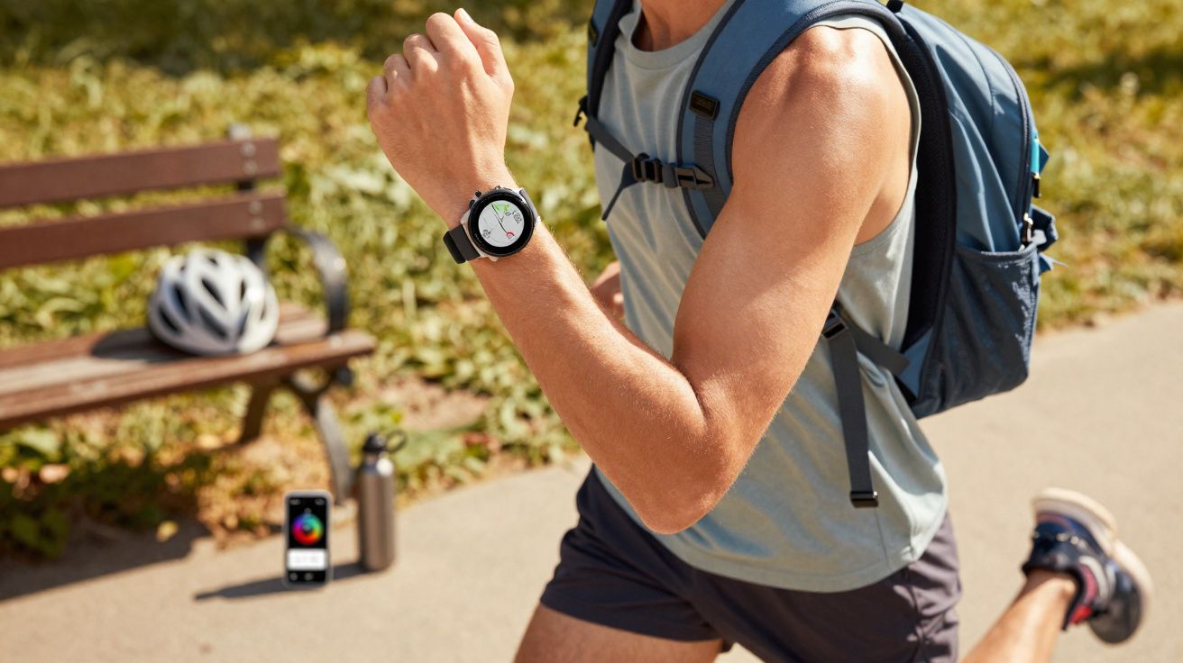 Man met rugzak hardlopend, draagt sporthorloge, op achtergrond bank met fietshelm en smartwatch op oplader.