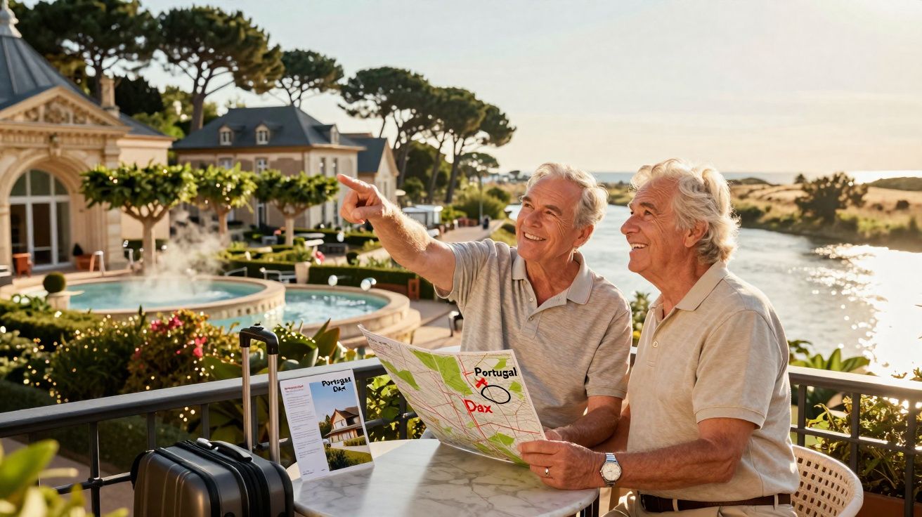 Twee oudere mannen lezen een kaart en wijzen richting vakantieresort bij een rivier met tuin en zwembad.
