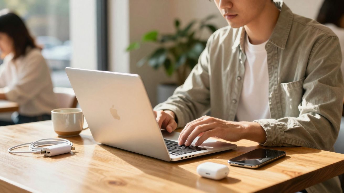 Jonge man werkt op laptop aan houten tafel met smartphone, oplader, kop koffie en oordopjes.