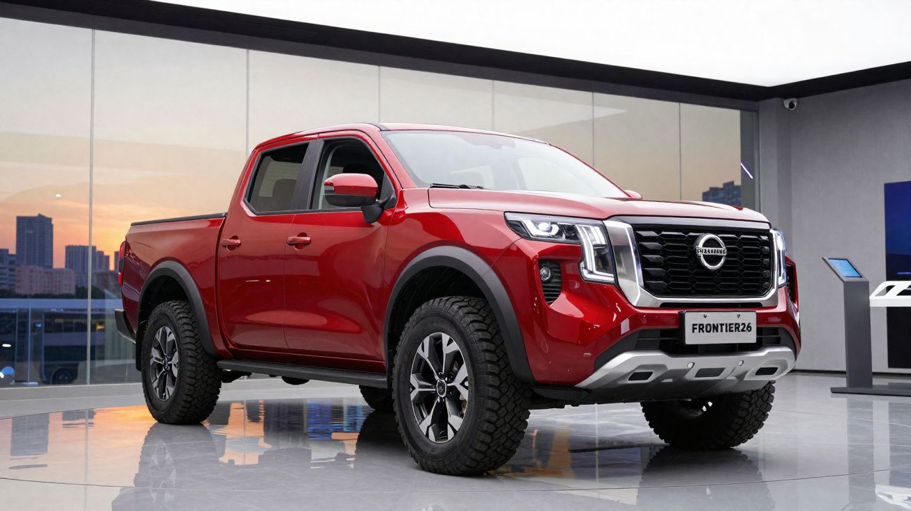 Rode Nissan Frontier pick-up truck met robuuste banden in een moderne showroom bij zonsondergang.