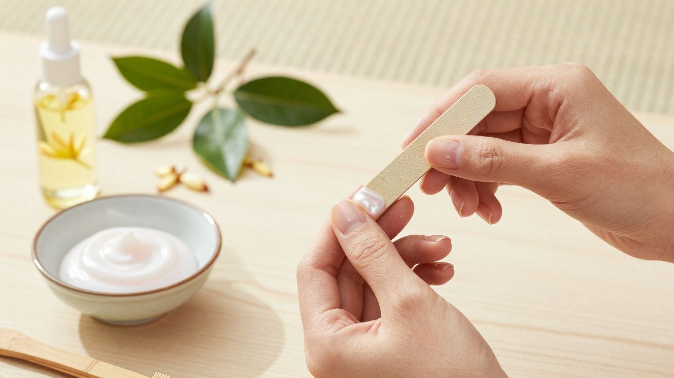Handen die een nagel vijlen met verzorgende crème, omringd door natuurlijke ingrediënten en olie.