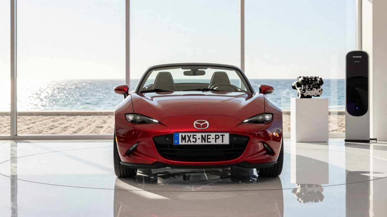 Rode Mazda MX-5 sportauto voor grote ramen met uitzicht op strand en zee in showroom.
