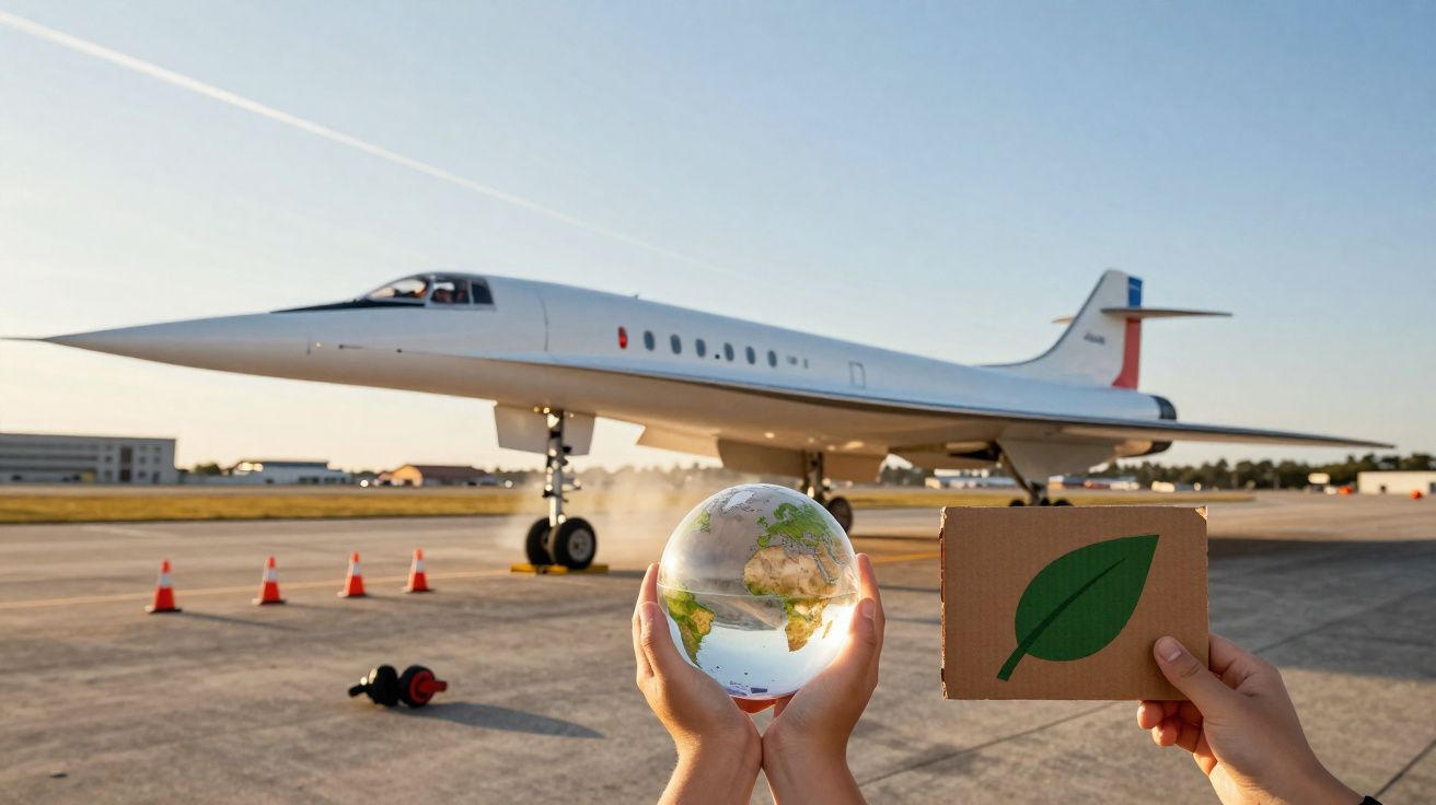 Een supersonisch vliegtuig op de startbaan, met een persoon die een wereldbol en een bord met een groene blad afbeelden vasth
