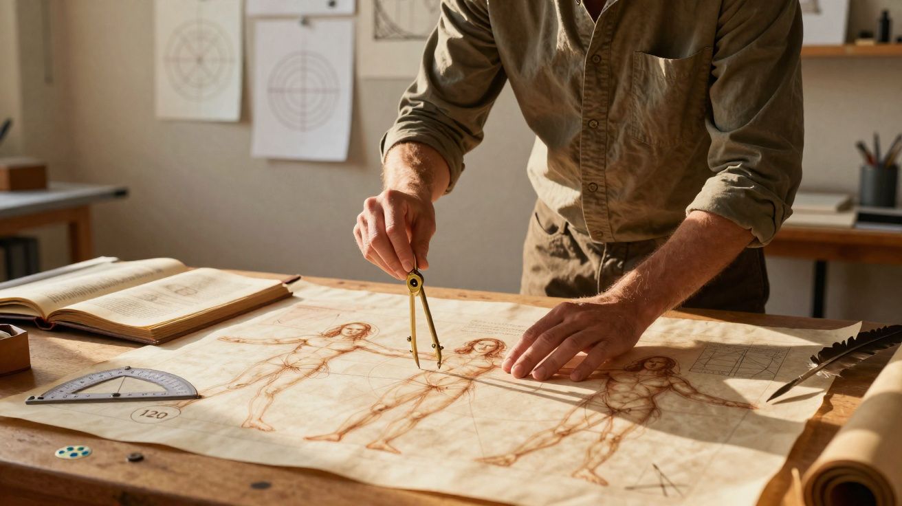 Een man werkt met passer op een tafel met tekeningen van menselijke figuren en geometrische vormen.
