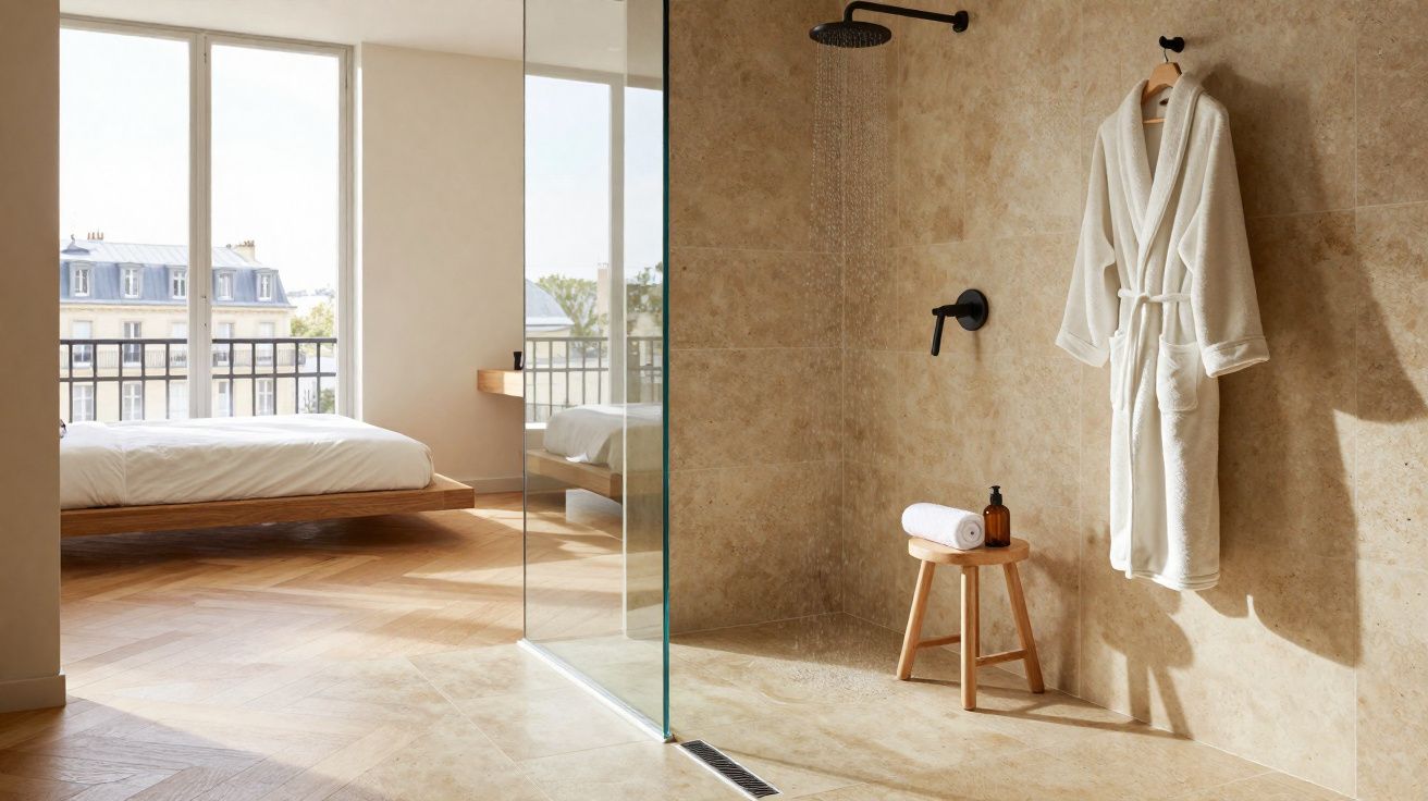 Moderne badkamer met inloopdouche, houten kruk, badjas aan de muur, en zicht op het slaapkamerraam.
