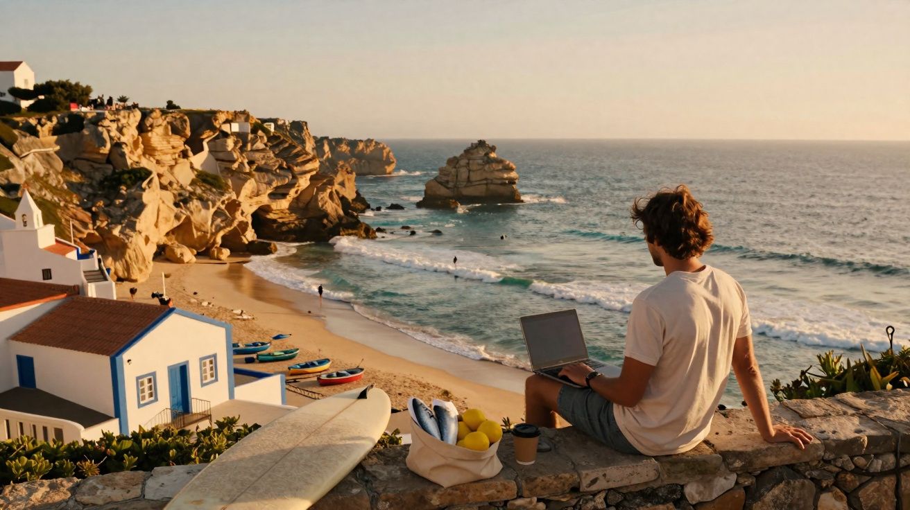 Man met laptop zittend bij strandhuisjes en rotsachtige kust tijdens zonsondergang.