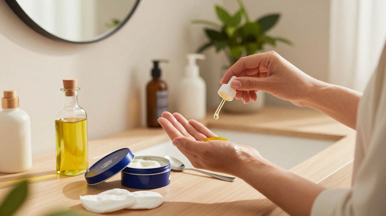 Hand die olie aanbrengt met pipet boven handpalm, gezichtsverzorgingsproducten staan op houten tafel in badkamer