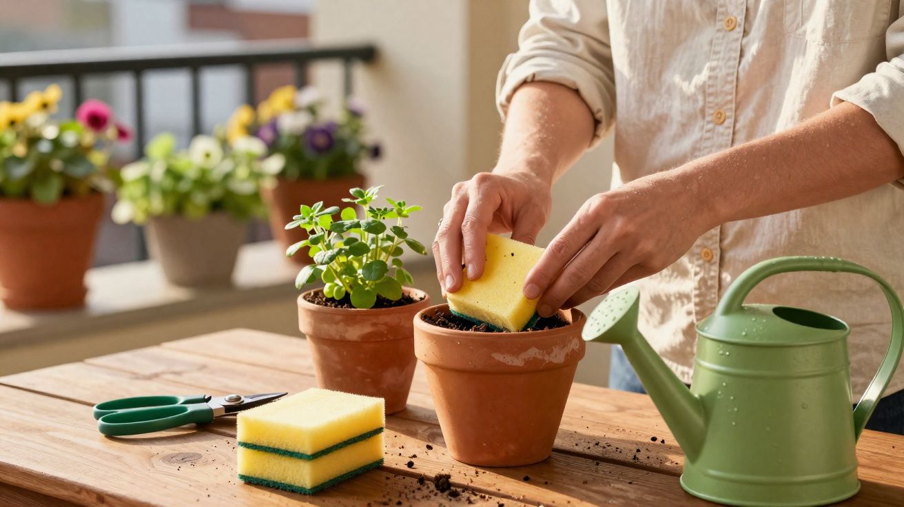 Iemand verzorgt een plant in een terracotta pot met een gele spons op een houten tafel buiten.
