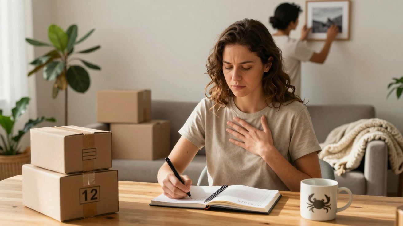 Vrouw schrijft in agenda aan tafel met verhuisdozen en man hangt fotolijst aan muur in woonkamer.