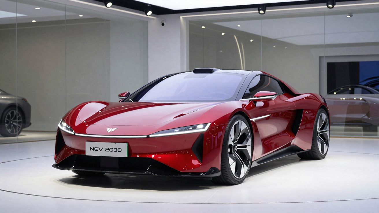 Rode sportwagen met glad ontwerp en NEV 2030 kenteken, tentoongesteld in moderne showroom met glaswanden.