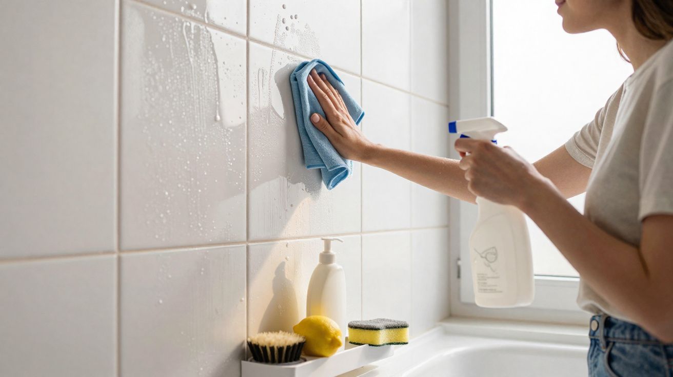 Vrouw die een tegelwand schoonmaakt met een blauw doekje en een spuitfles in een lichte badkamer.