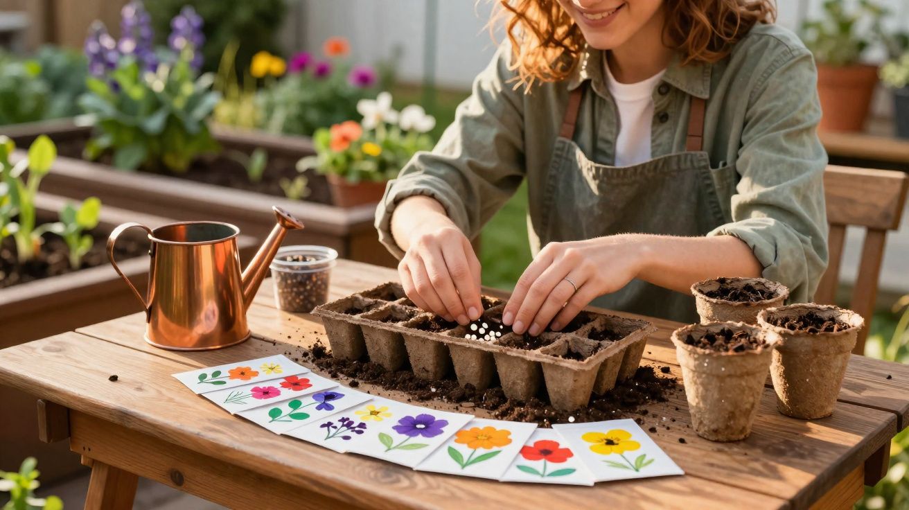 Vrouw plant zaden in potjes op houten tafel met zaadzakjes en gieter in zonnige tuin.