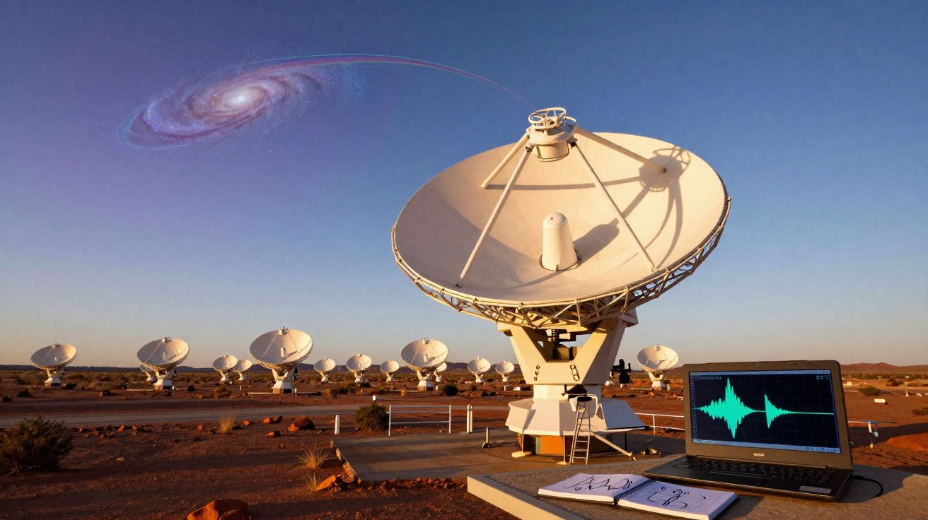 Radiotelescopen in woestijnlandschap met laptop die signalen van een verre melkweg toont.