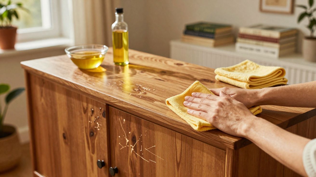 Handen die een houten meubel schoonmaken met een gele doek, olie en een kom olie op de kast.