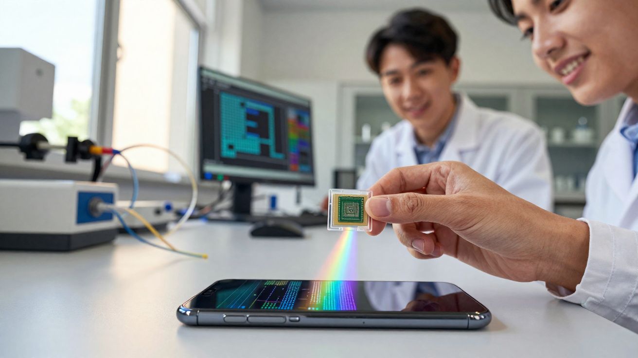 Twee onderzoekers in labjassen bestuderen een microchip met een regenboogreflectie boven een smartphone.