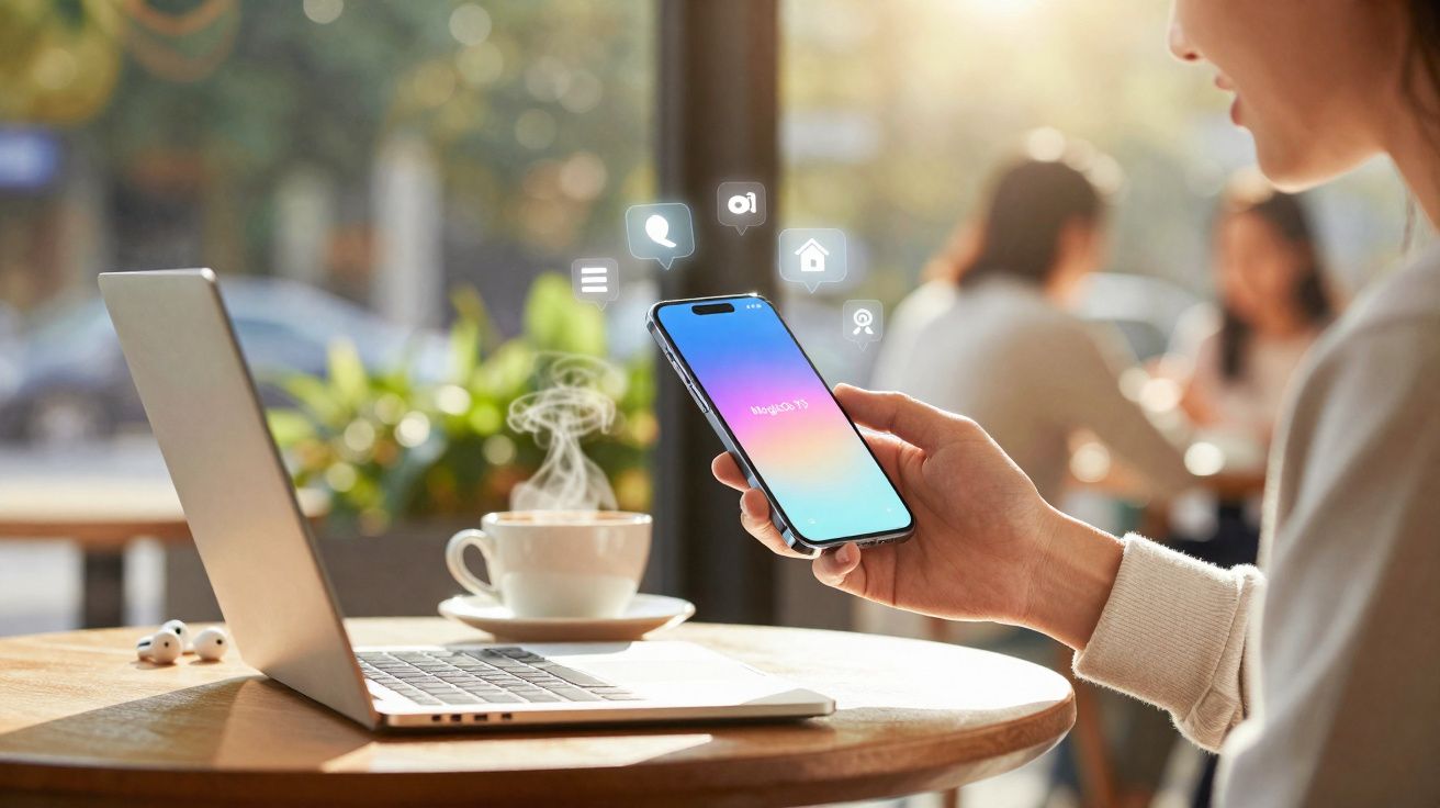 Vrouw die smartphone vasthoudt met sociale media icoontjes, laptop en koffie op tafel in café.
