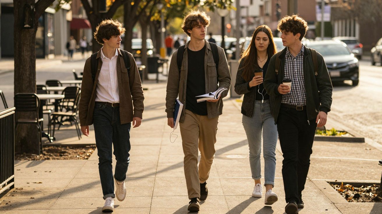 Vier jonge studenten wandelen buiten, dragen rugzakken en hebben boeken en koffiebekers in hun handen.
