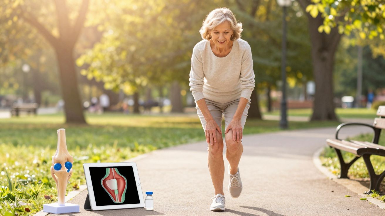 Oudere vrouw die haar knie vasthoudt terwijl ze buiten loopt, met een tablet en knie-illustratie op de grond.