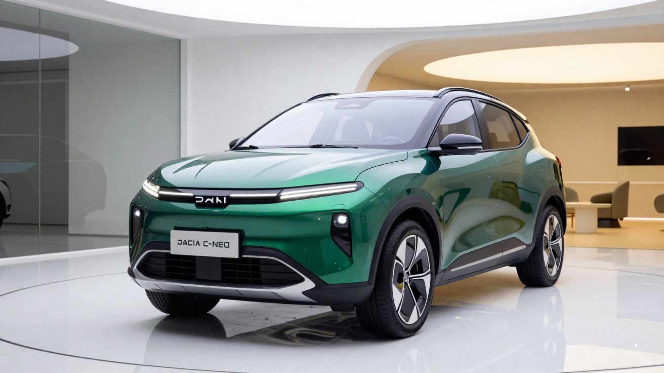 Groene elektrische Dacia C-Neo SUV geparkeerd in een moderne, minimalistische binnenruimte.