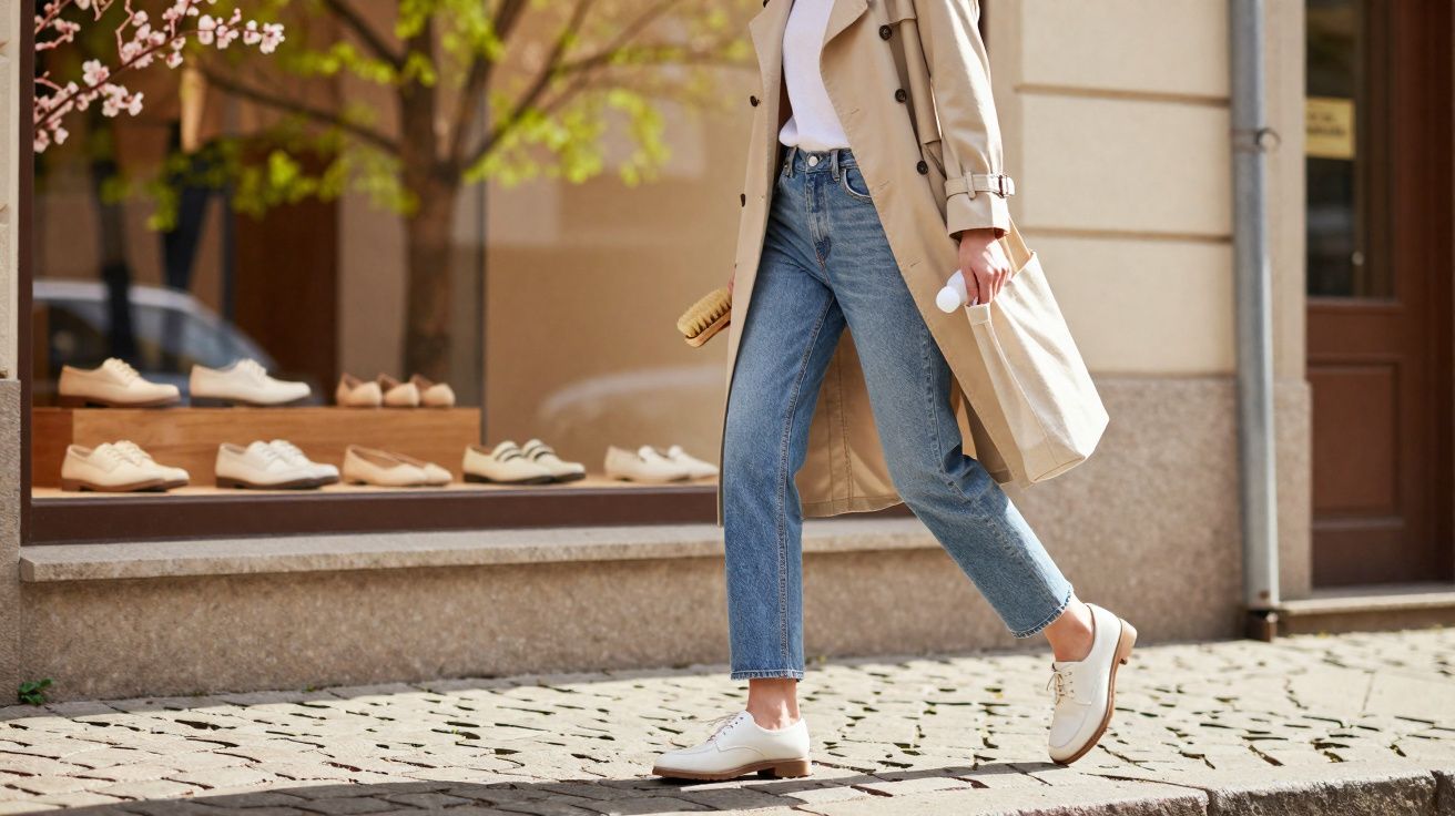Vrouw met lichte trenchcoat en witte schoenen loopt voorbij een etalage met schoenen in een zonnige straat.