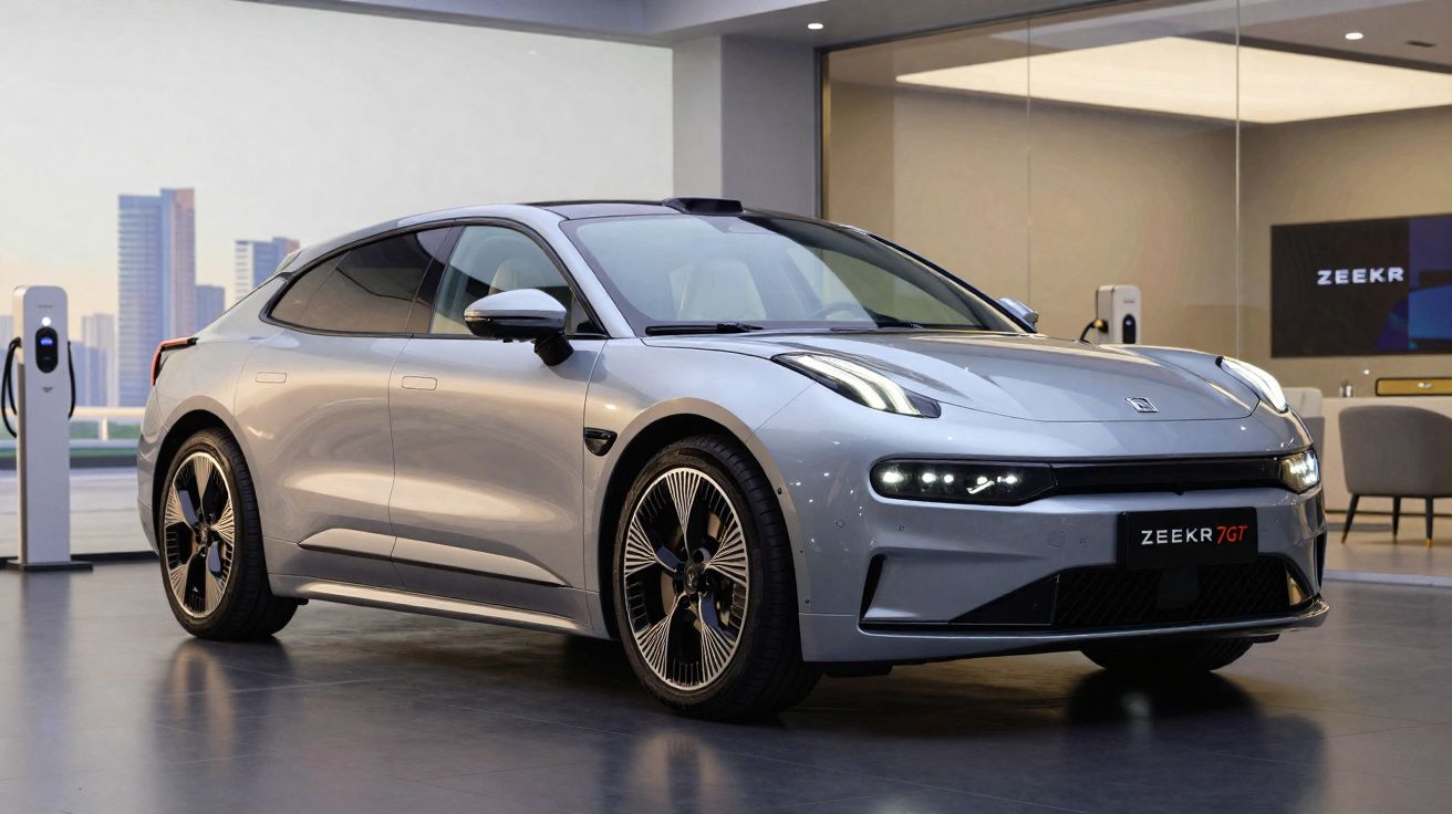 Sportieve zilvergrijze elektrische Zeekr 7GT geparkeerd in moderne showroom met laadstations op de achtergrond.