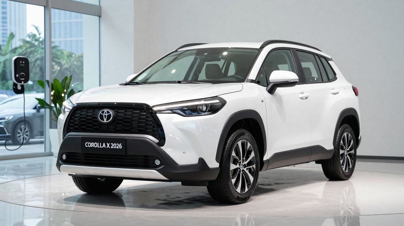 Witte Toyota Corolla X 2026 SUV in showroom met laadstation en moderne ramen op de achtergrond.