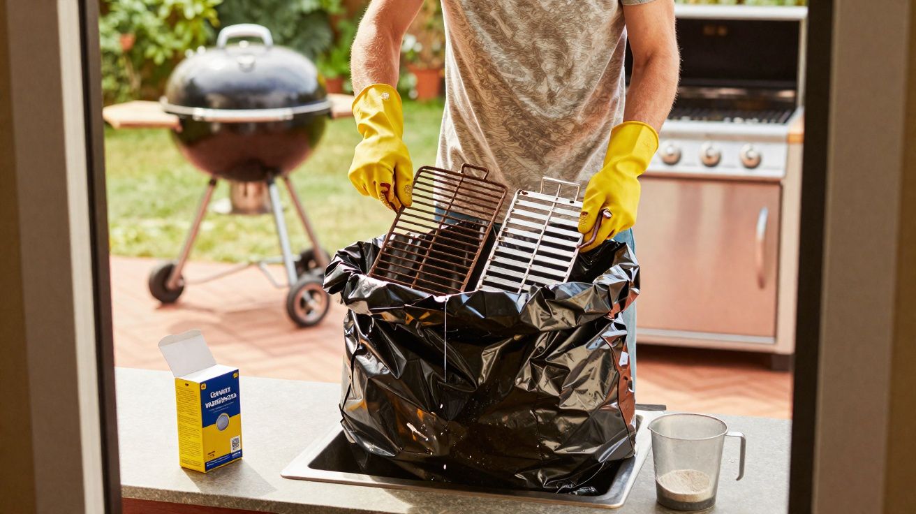 Persoon met gele handschoenen gooit vuile barbecue roosters weg in zwarte vuilniszak buiten.