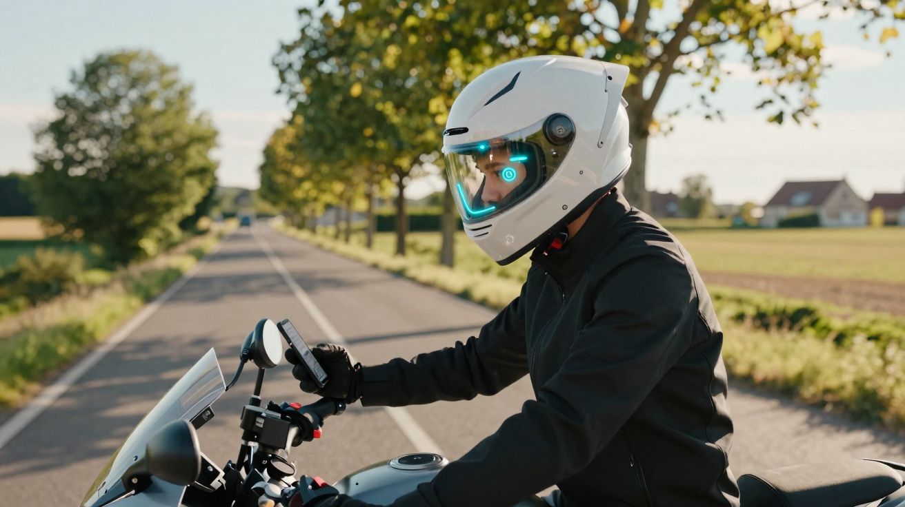 Motorbestuurder met witte helm bekijkt smartphone tijdens rit op landelijke weg in zonnige omgeving.